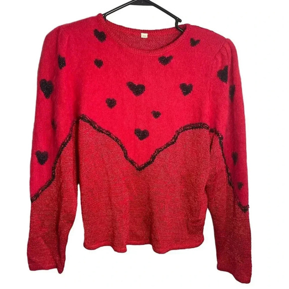 Red Black Heart Pattern Soft Pullover Shoulder Pad Sweater Women's Size 44 - Picture 1 of 5